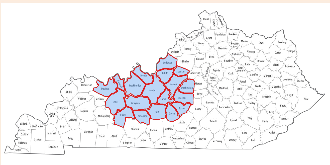 Kentucky service area map: counties served by Bluegrass Notary LLC
